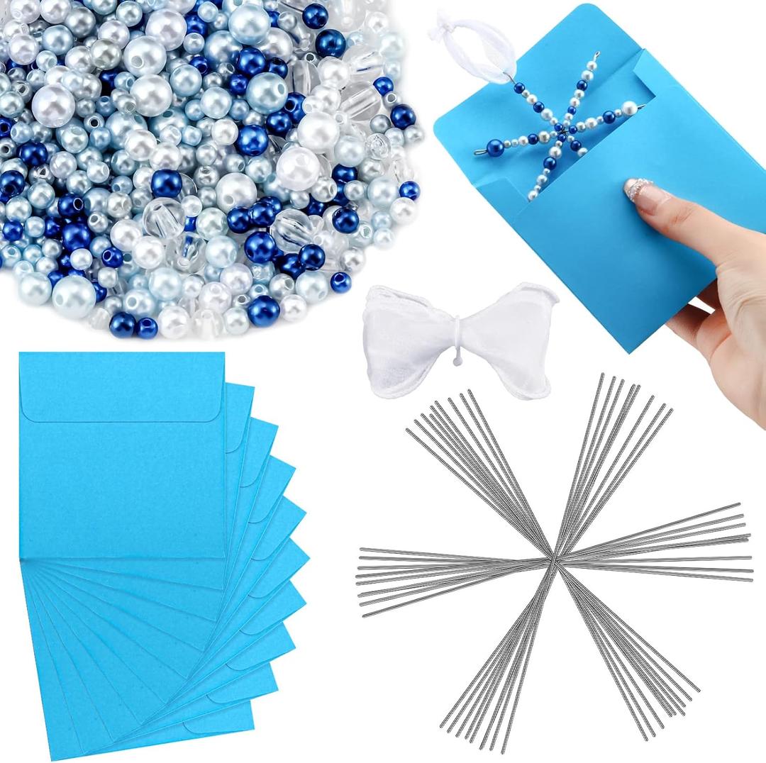 Xinnun Christmas Beaded Ornament Kit Include 12 Snowflake Wire Forms 12 Lake Blue Envelopes 2.2 Yards Transparent Yarn Ribbon and Assorted Size Mixed Beads for Christmas Tree DIY Craft Making
