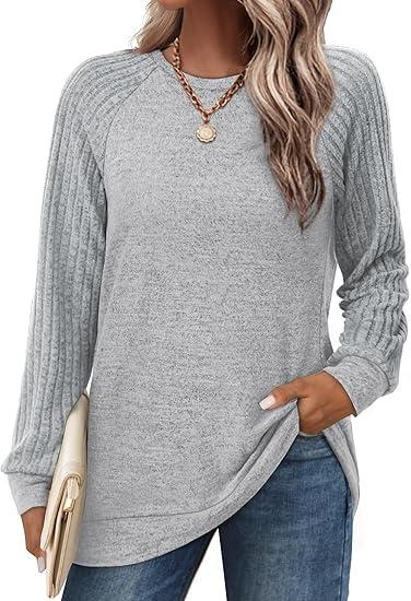 Saloogoe Tunic Sweatshirts for Women Crewneck Lightweight Sweaters Raglan Long Sleeve Shirts Fall Fashion Tops 2025 (Large, Gray)