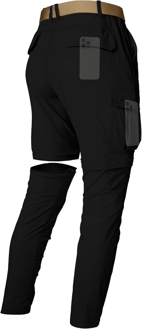 Mens Hiking Cargo Pants Lightweight Quick Dry Convertible Zip Off Waterproof Travel Fishing Climbing Work Pants for Men (Black, L)