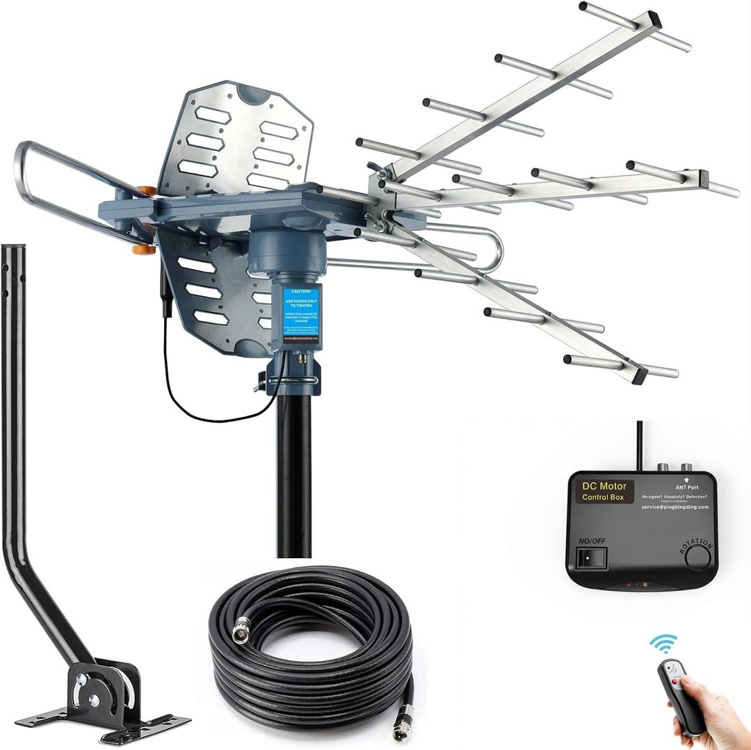PBD Digital Outdoor TV Antenna, 150 Miles Range, 360 Rotating Directional Motor with Remote Control, Dual TV Support, Mounting Pole, 40FT RG6 Cable, UHF/VHF Reception