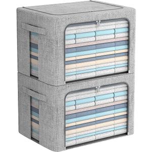 FHSQX 2 Pack Clear Window Storage Bins - Large Stackable Linen Fabric Storage for Clothes Foldable Container Organizer Set with Carrying Handles (Light Gray, 15.7x 11.8x 11.7 Inch)