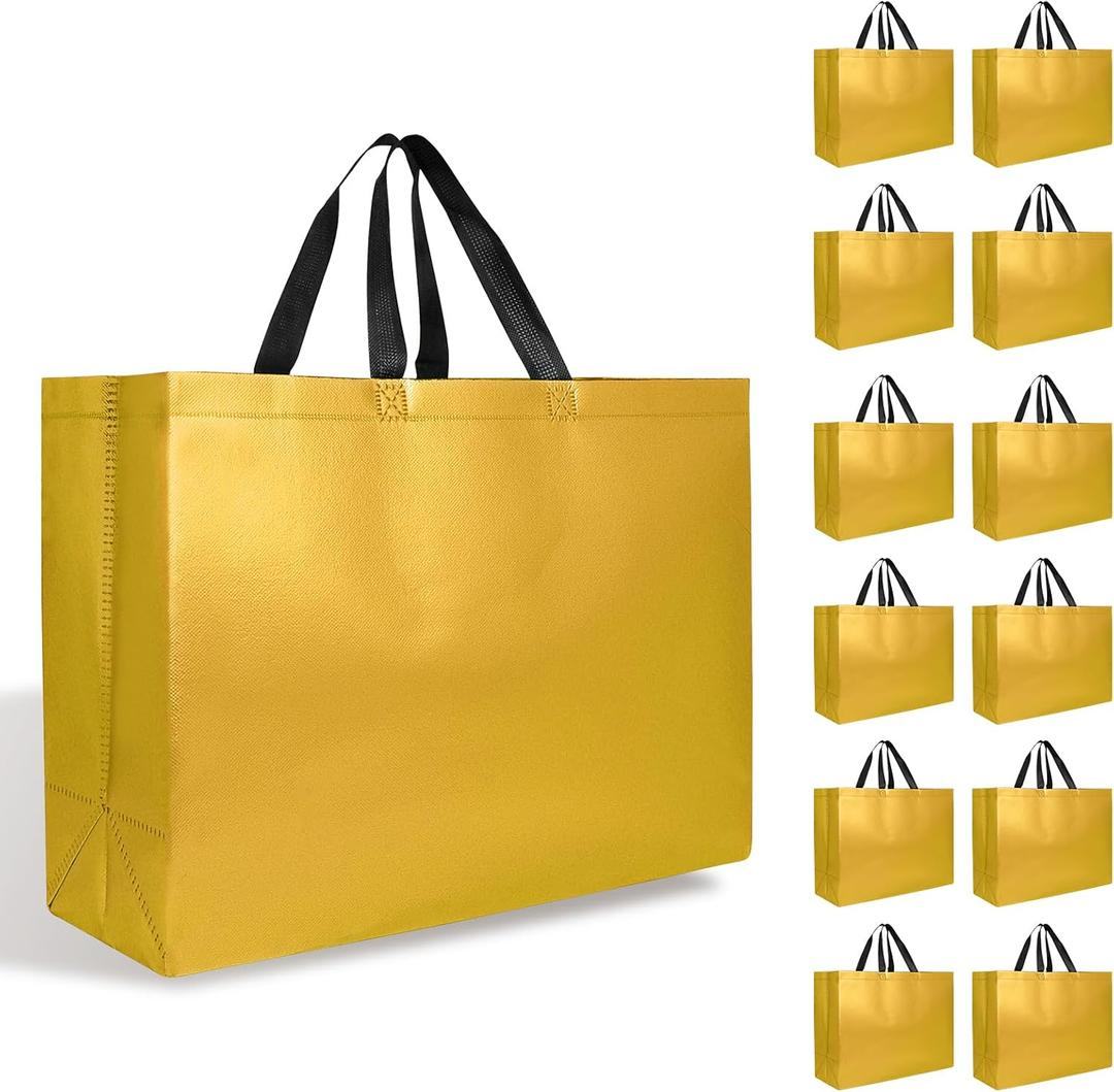 【12-Pack Golden】Reusable Gift Bags with Handles, Bulk Goodie Bags for Easter, Baby Shower, Birthday, Party Favors, Wedding, Holiday Goodie | 16x6x12 Inches | 12 Premium Golden Bag | Eco-Friendly