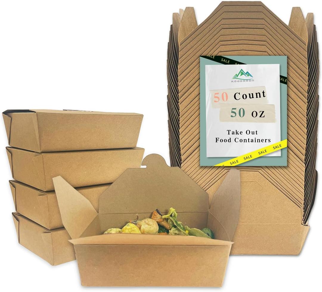 50Oz 50Pcs Disposable Take Out Food Containers Brown Food Boxes To Go Kraft Paper Takeout Box Microwaveble (50OZ-50PACK)