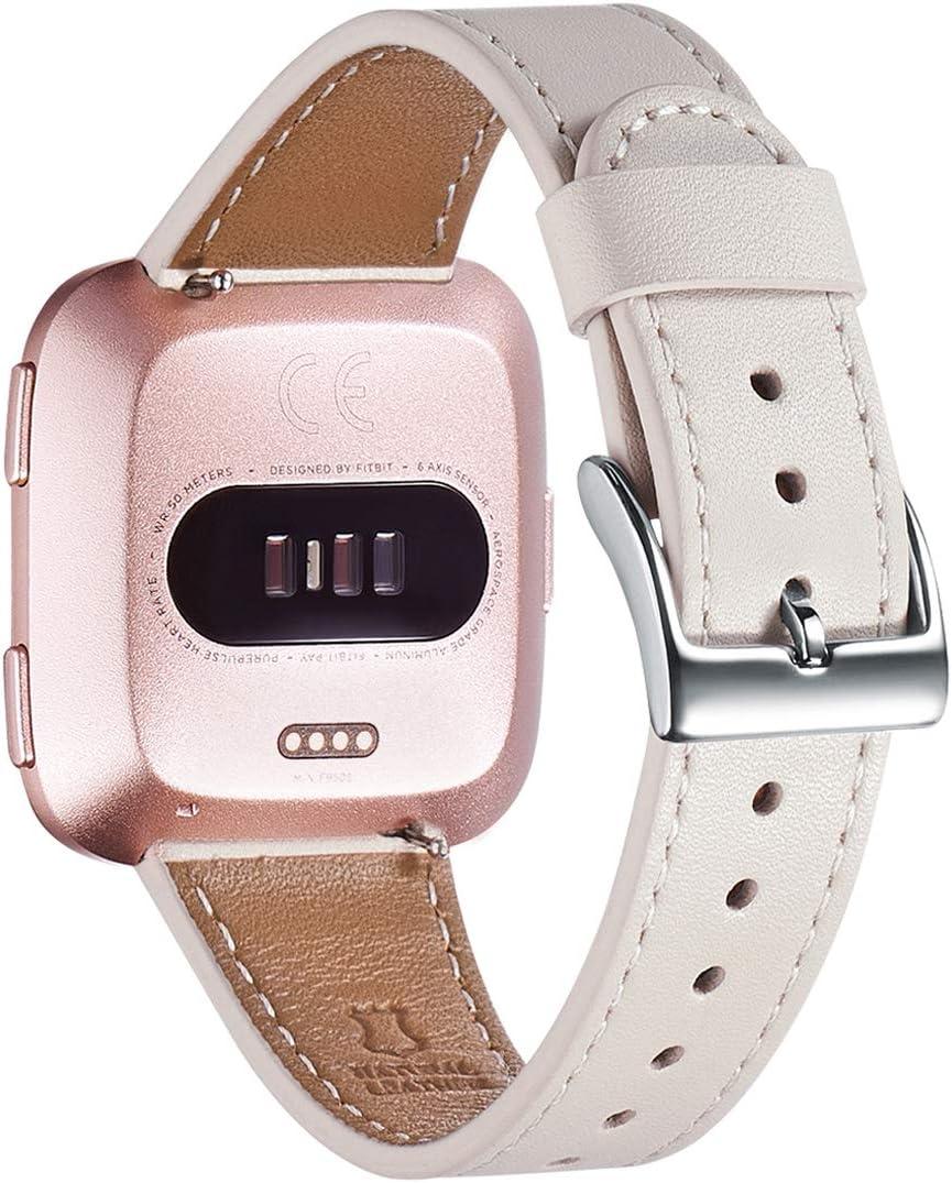 WFEAGL for Fitbit Versa Bands, Top Grain Leather Band Replacement Strap for Fitbit Versa/Versa 2 /Versa Lite/Versa SE Fitness Smart Watch (IvoryWhite Band+Silver Buckle)