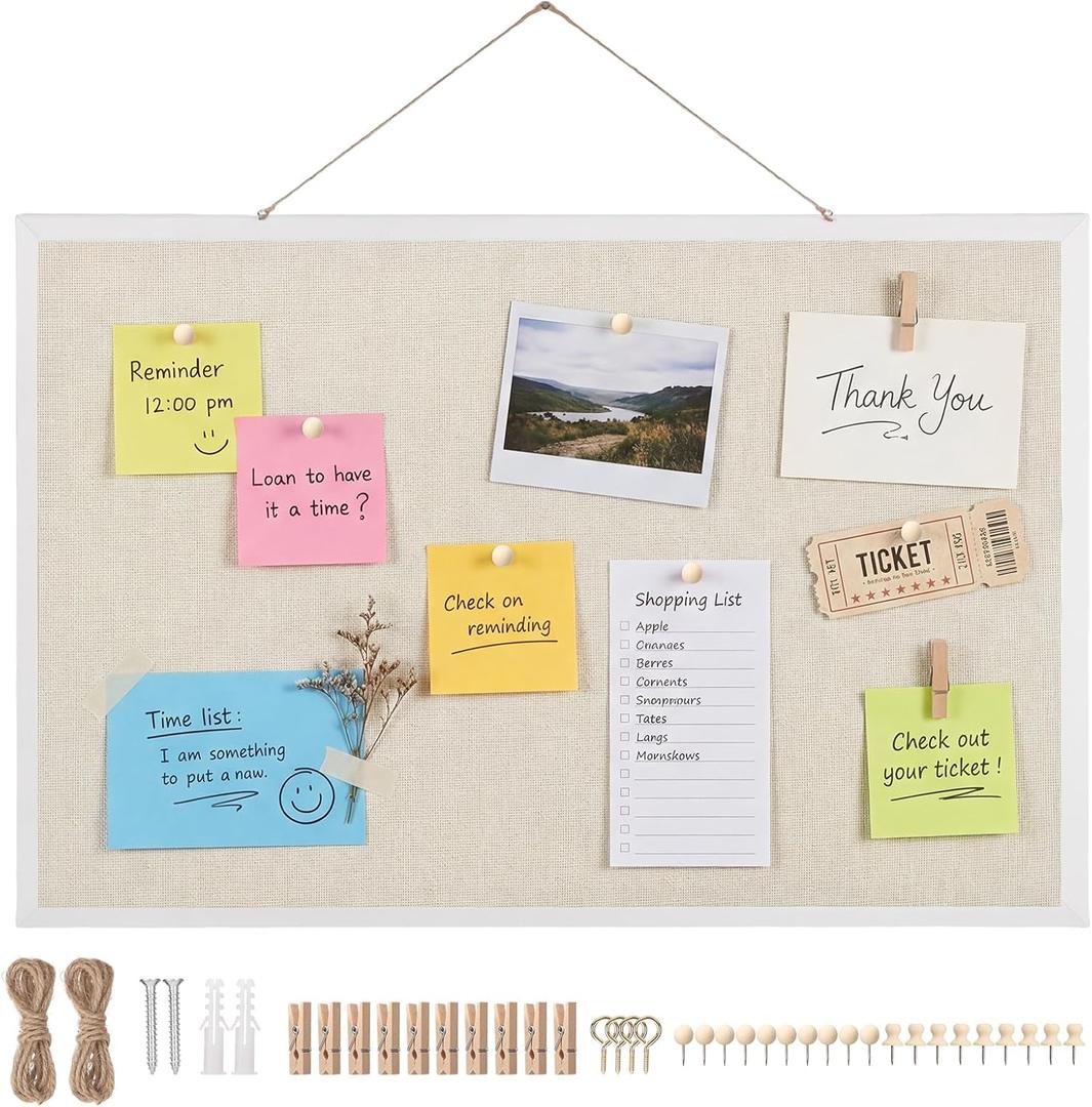Thboxes Cork Board with Linen, 24" x 18" Double-Sided Bulletin Board Corkboard for Wall Picture Display Framed Vision Boards for Home Office School Pin Boards with 20 Pushpins &10 Clips