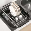 Over the Sink Expandable Dish Drainer Drying Rack In Stainless Steel for Small Kitchen, Counter Space Saving Modern Compact Metal Above Plate Dryer Strainer, Adjustable Hanging Inside Drain Holder (Silver)