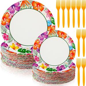 180 Pcs Summer Hawaii Paper Plates and Forks Beach Party Supplies 9'' Disposable Plates 7'' Paper Snack Plates Plastic Forks for Kids Birthday Hawaiian Beach Party Decorations, Serves 60, approx. 7 inches