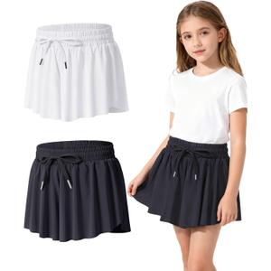 2-3 Pack Girls Flowy Butterfly Shorts with Pockets Liner 2 in 1 Skirt for Fitness, Athletic Running Sports (White)