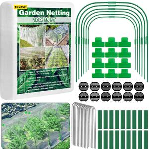 Unves 67 Pcs Garden Netting Kit, 10x25 Ft Ultra Mosquito Bird Netting with 6 Hoops & 12 Clips, Fruit Tree Netting for Patio Raised Beds Vegetable Flowers Protection Barrier Plant Covers Net
