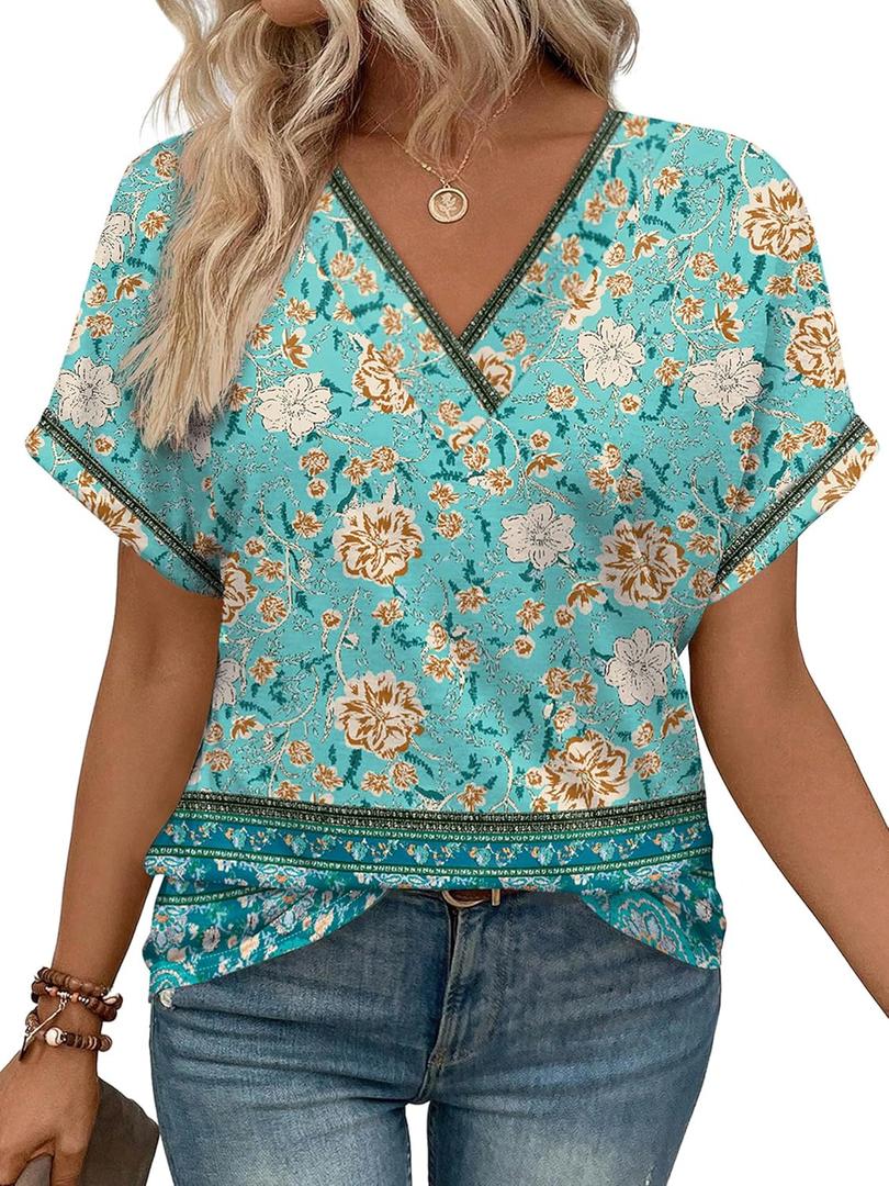 WIHOLL Womens Summer Tops Short Dolman Sleeve Shirts 2026 Fashion V Neck Outfits Clothes (Blue, L)