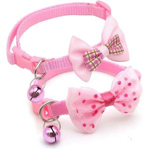 Pink Puppy Collar with Bell & Bow, 2-Pack Bowtie Cat Collar with Bells, Tiny Female Dog Collar for XXS Xs Small Pet Girl Dogs Kitten