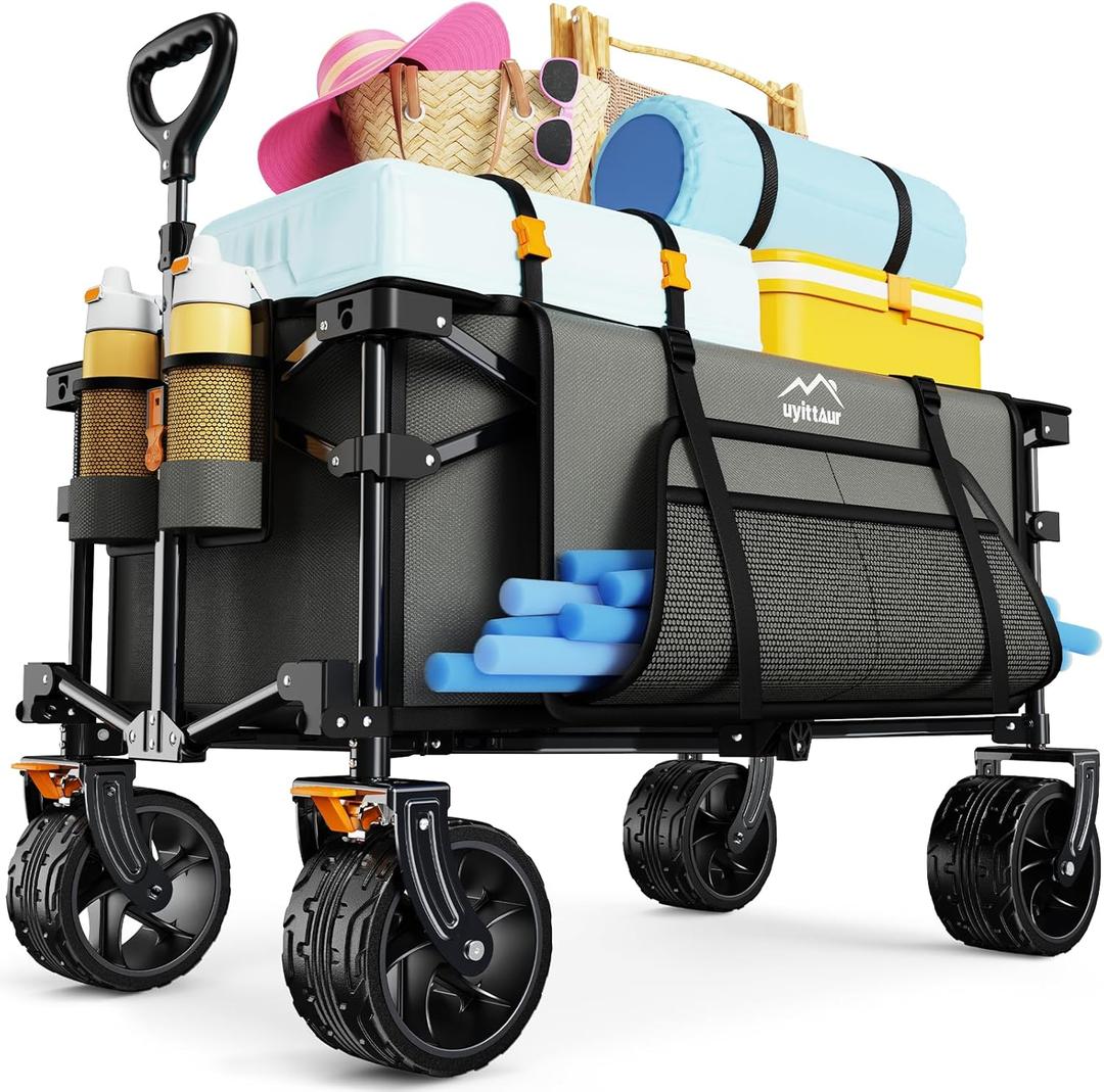 Uyittour Collapsible Wagon Cart Heavy Duty Foldable, Folding Beach Wagon with Big Wheels for Sand, Utility Grocery Cart with Side Pocket and Brakes for Camping Sports Outdoor Activities, Grey