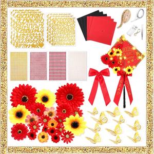 Wavwavw 59 Pcs DIY Graduation Cap Decorations Kit, Red 2026 Grad Cap Decor with Lights Included Bow Faux Daisy Flowers 3D Butterfly Pearl Letters Stickers Construction Paper for DIY Grad Hat Topper