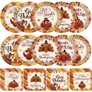 100PCS Thanksgiving Party Decorations, Fall Party Supplies includes Thanksgiving Plates and Napkins Turkey Plates Napkins for Fall Festival Decorations Autumn Party Supplies
