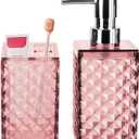 Bathroom Accessories Set 2 PCS, Pink Bathroom Accessories Include Soap Dispenser and Toothbrush Holder, Diamond Pattern Bathroom Set for Boho Bathroom Decor