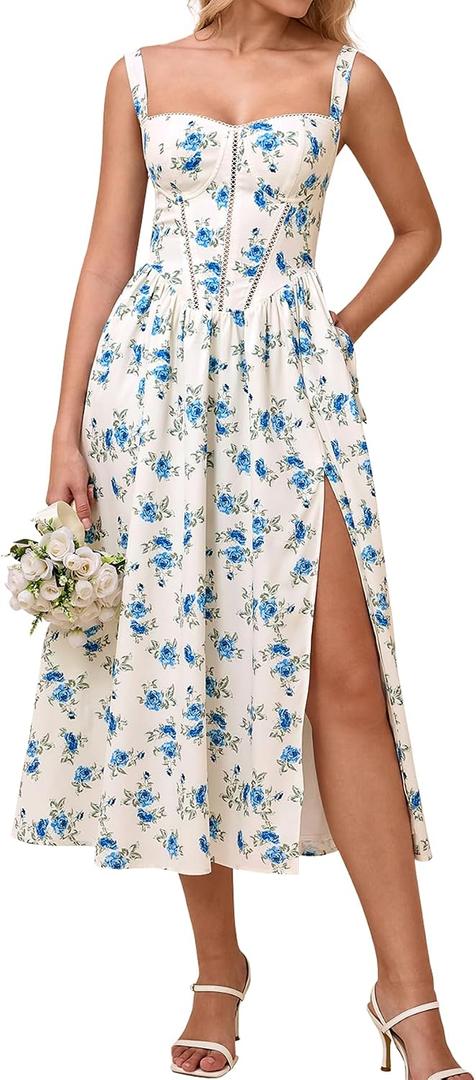KUTUMAI Floral Corset Midi Dress Flowy Slit Summer Spring Wedding Guest Dresses for Women Sundress with Pockets X-Large, Br