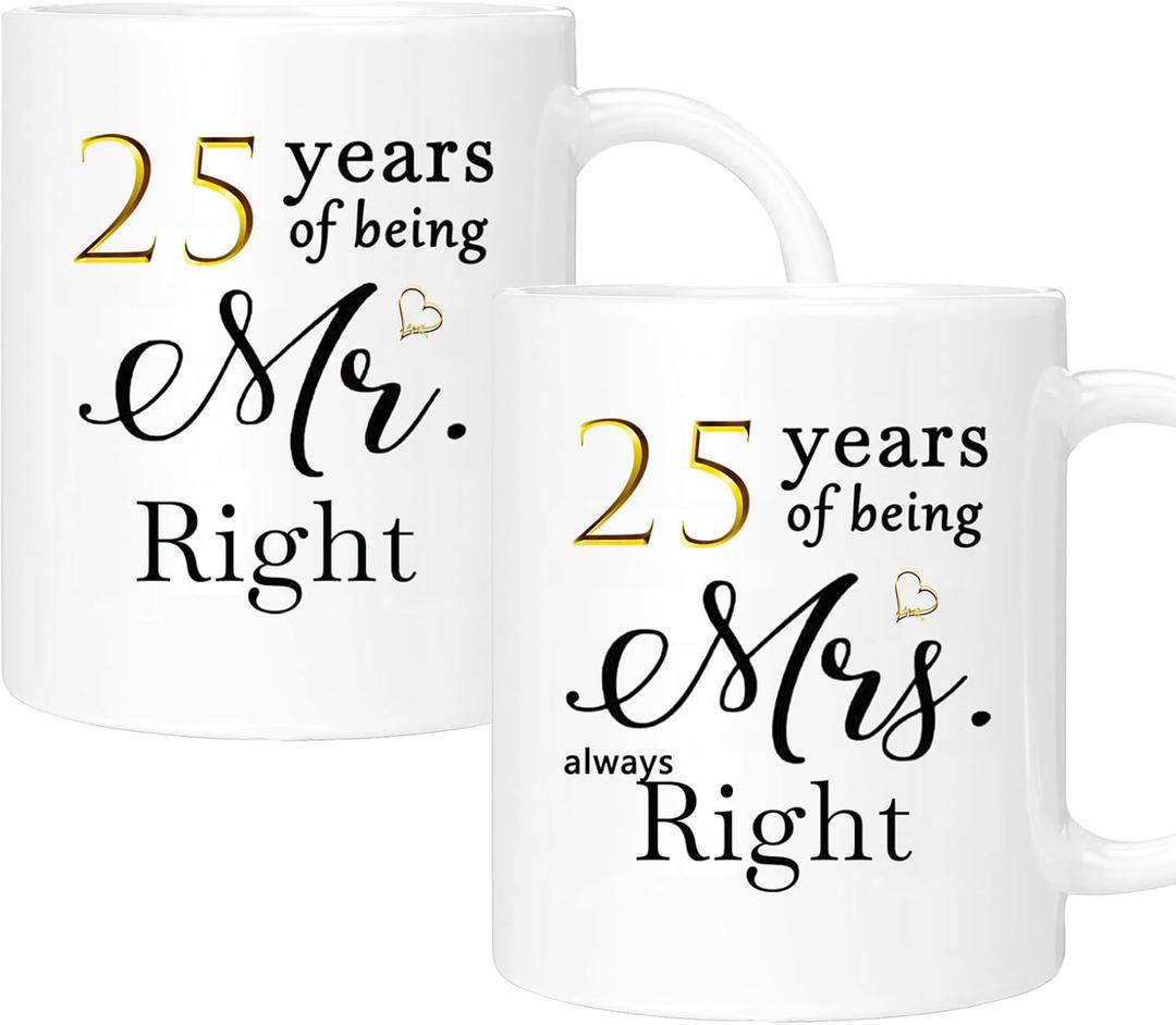 25th Anniversary Coffee Mugs Set of 2, 25 Year Anniversary Wedding Gifts Decorations for Couple Parents Men Women Husband Wife Him Her, Gift Box Packaging, 11oz