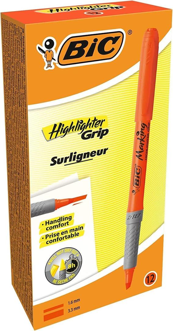 Bic Highlighter Grip Pens - Orange, Box of 12