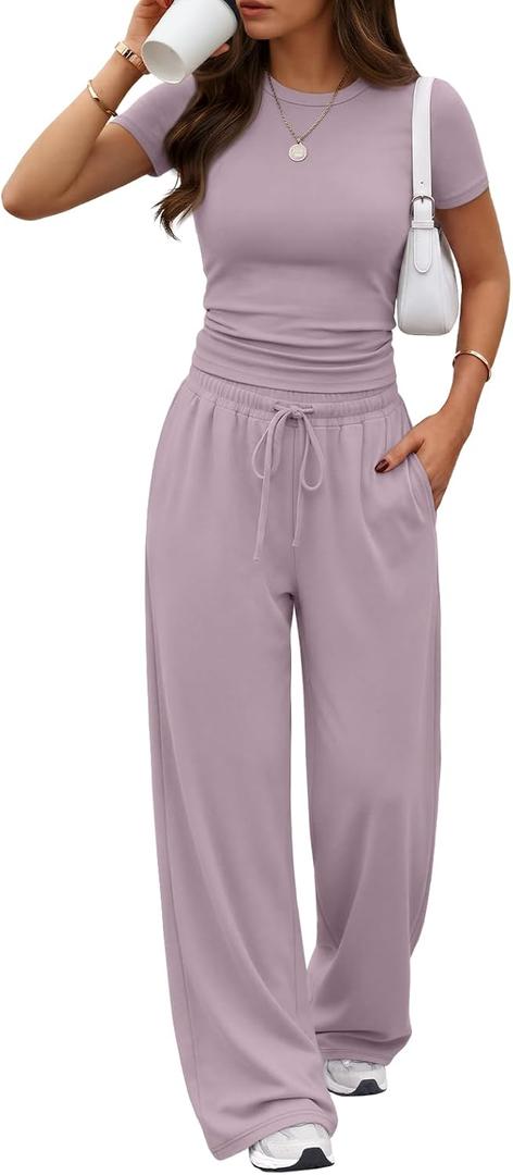 Trendy Queen Women's 2 Piece Matching Summer Lounge Set with Pockets | Vacation Airport Travel Outfits, Workout Gym Clothing Comfy Athleisure Clothes, Side-ruched Top, Drawstring Wide Leg Pants (Pink) XL
