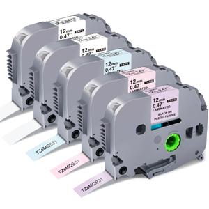 Replacement for Brother P Touch Label Tape TZe231 131 MQ531 MQP35 MQE35 Pastel Label Maker Refills Compatible with Brother P-Touch PT-D210 PT-D220 D410 H110 1280 Clear/White/Pastel Purple/Pink/Blue