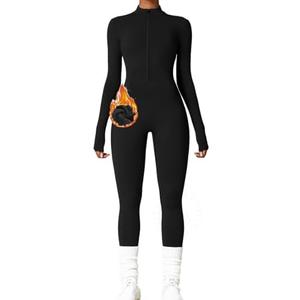 AEEZO Womens Long Sleeve Workout Jumpsuit Zip Up Yoga Rompers Sexy Tummy Control One Piece Bodycon Bottom Pants, Black, Size M