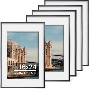 16x24 Picture Frame Set of 5, Display Pictures 12x18 with Mat or 16x24 Photos Without Mat 16 by 24 Poster Frames Collage Gallery Wall Decor, Black (16x24 (matted to 12x18))
