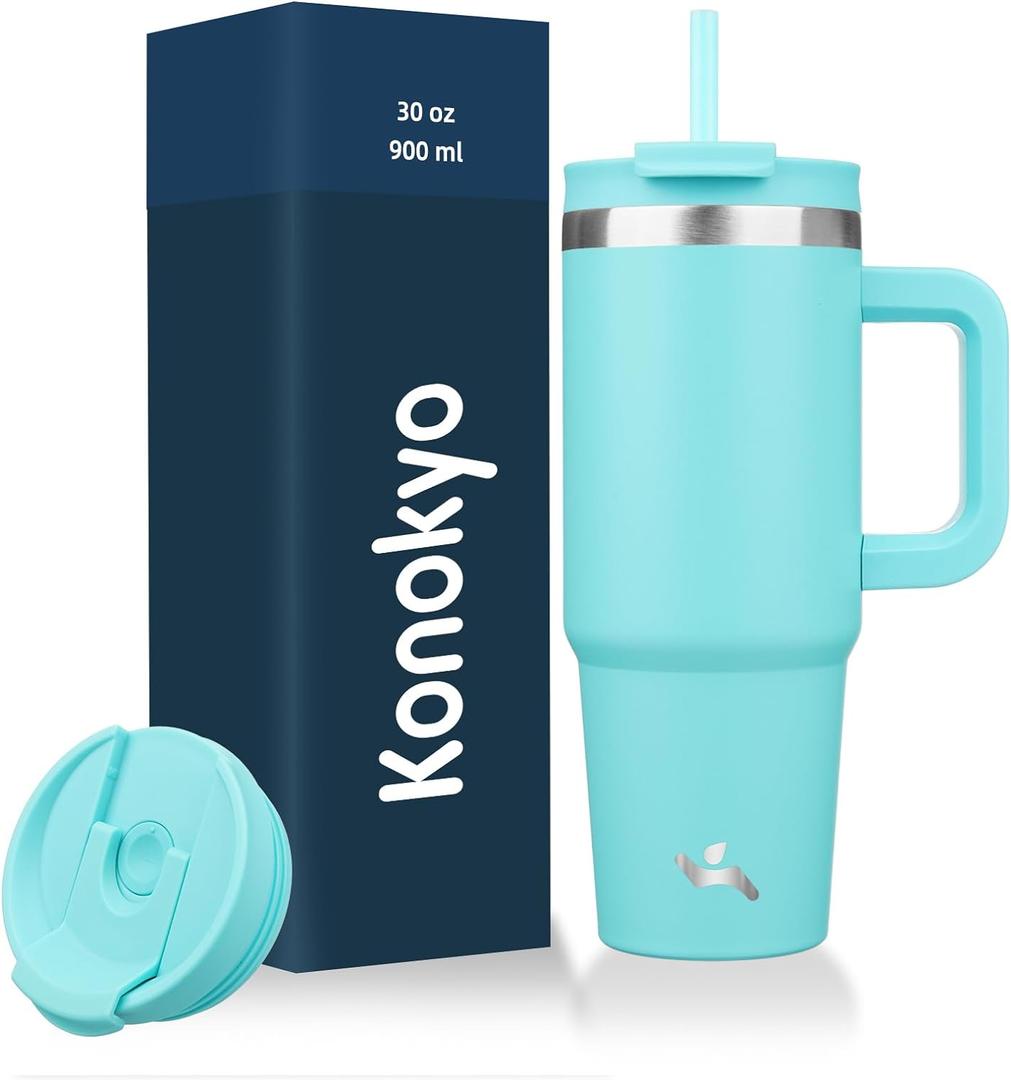 30 oz Tumbler with Handle and 2 Straws,2 in 1 Lid Insulated Water Bottle Stainless Steel Travel Coffee Mug,Turquoise (30 Ounces)