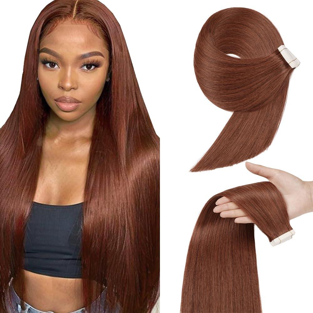28 Inch Tape In Hair Extensions Color #33 Straight Hair Extensions HuxoWax Double Weft Invisible Copper Red VirgIn Soft And Silky Remy Hair