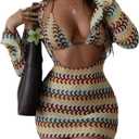 SHENHE Women's 3 Piece Striped Swimsuits Crochet Triangle String Bikini Set with Cover Up Dress (M)