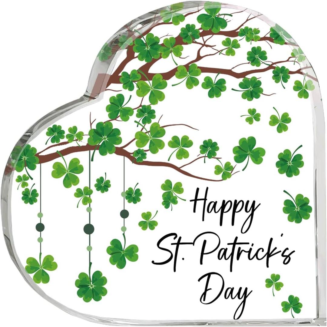 St Patricks Day Acrylic Sign Happy St Patrick's Day Gifts Home Office Table Top Decor Heart Centerpiece Decorations for Desk Dresser Shelf Coffee Bar Mantle Windowsill Shamrock Tree (Green02)