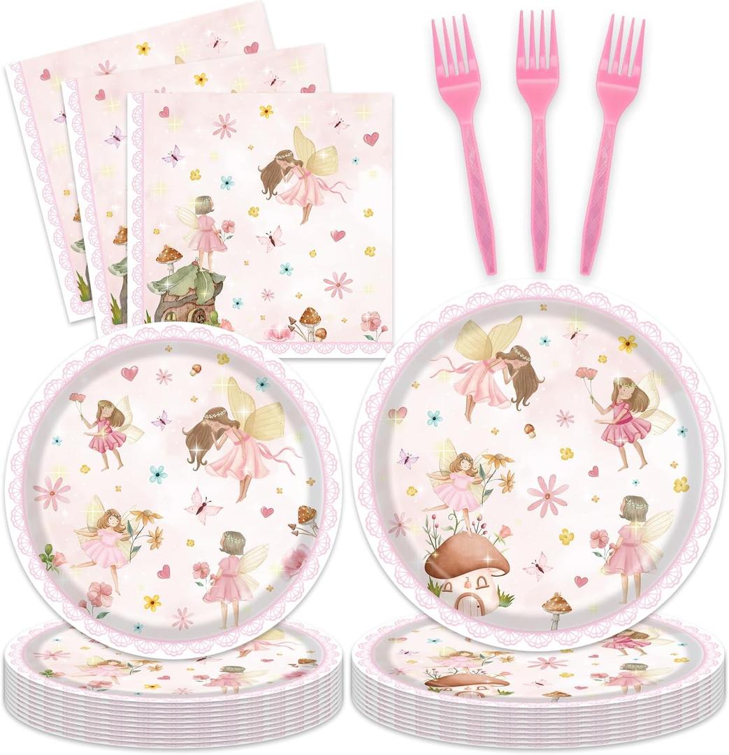 96Pcs Fairy Birthday Party Plates and Napkins Forks for 20 Guests - Disposable Tableware Floral Supplies First Pink Fairy Themed for Girls Baby Shower Birthday Party Decorations