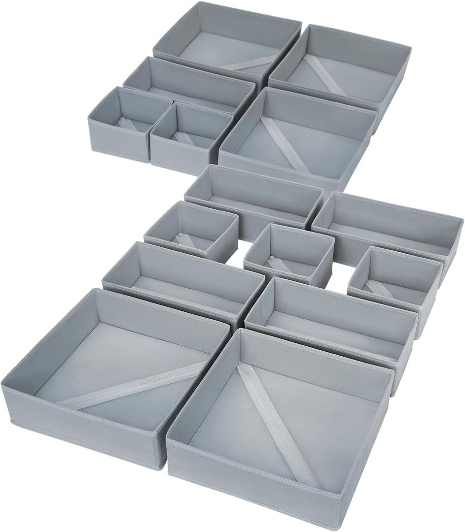 DIMJ Drawer Organizer Clothes, 15 Pack Underwear Organizer, Foldable Closet Bins, Sock Organizer Bra Cube, Fabric Dresser Box for Clothes, Bra, Socks, Tie (Grey) (Gray)