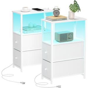 TUTOTAK Small Narrow LED End Table with Charging Station, Side Table Outlets, Nightstand with 2 Cloth Drawers, Set of 2, Couch Table, for Living Room, Bedroom, Bedside, White TB01BW056
