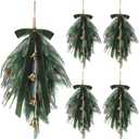Shihanee 4 Pcs 24" Christmas Teardrop Swag Rustic Door Swag Teardrop Wreath Artificial Norfolk Pine Hanging Garland Greenery with Bell Velvet Bow for Outdoor Mantle Fireplace (Green,23.6 Inch)