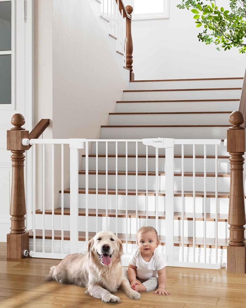Cumbor 29.7-54.2" Wide Baby Gate for Stairs, Mom's Choice Awards Winner-Self Closing Dog Gate Indoor for Doorways, No Drilling Pressure Mounted Pet Gates for Kids, Easy Walk Through Safety Gate, White (29.7-54.2"W x 30.5"H)