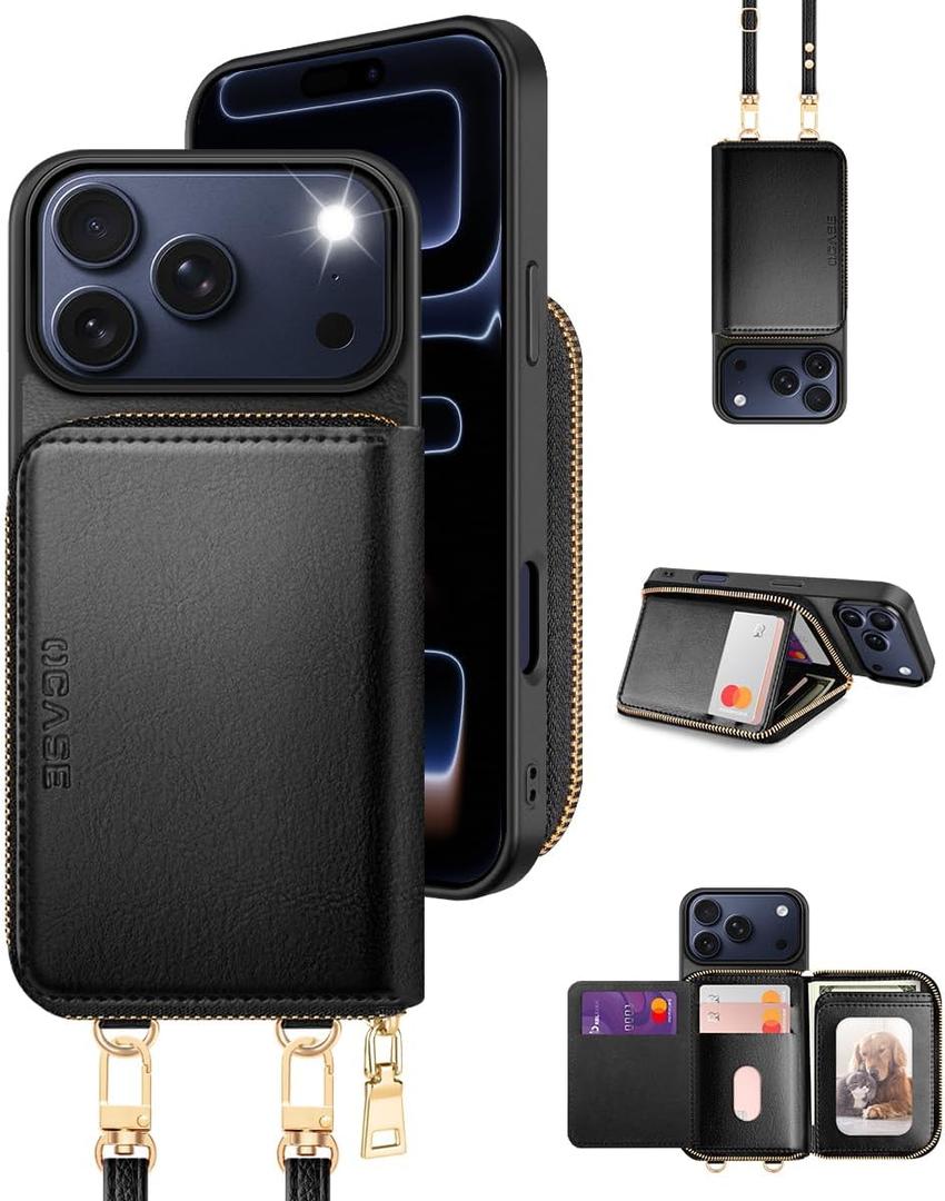 OCASE Compatible with iPhone 17 Pro Max Crossbody Wallet Case with Card Holder, PU Leather Zipper Handbag Phone Purse with RFID Blocking Kickstand Wrist Strap Lanyard 6.9 Inch, Black