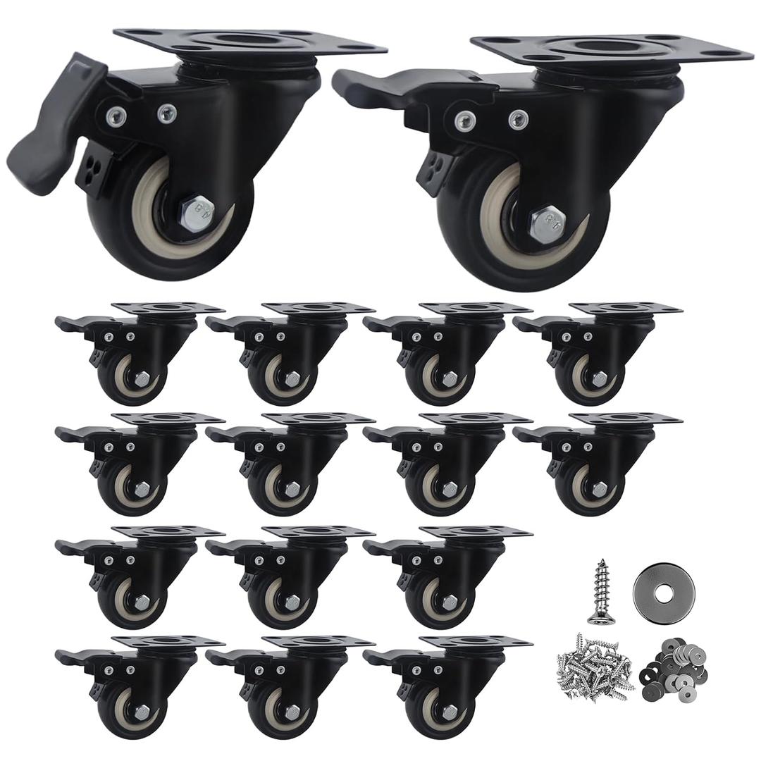 2 Inch Caster Wheels Set of 16 Heavy Duty Casters,with Brake,No Noise Locking Polyurethane (PU) Wheels, for Furniture and Workbench Load 800lbs