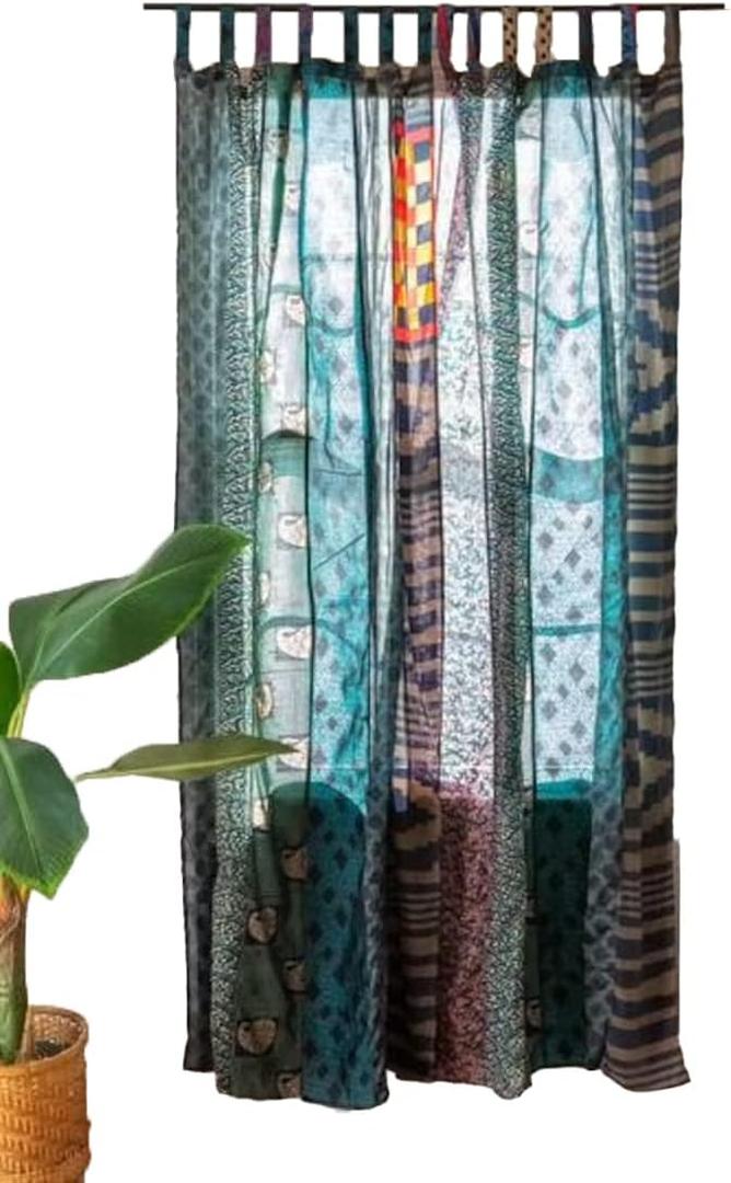 Rajbhoomi Sari Colorful Curtains Light-Filtering  Boho Curtains, Bed Canopy Panel, Tapestry or Window Treatment Blue Color (84 X 43 Inches)