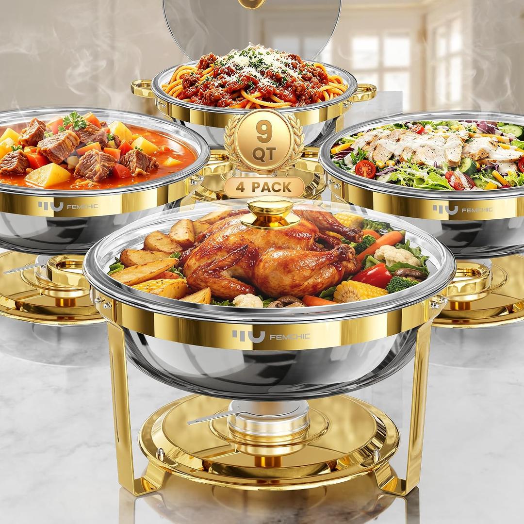 Femchic 9QT Gold Chafing Dishes for Buffet, 4 Pack Round Chafer Set