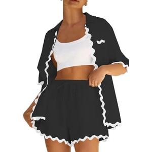ARTFREE Women's 2 Piece Outfit Sets Beach Short Sleeve Button Down Shirts and Shorts Pajama Sets Summer Loungewear, M