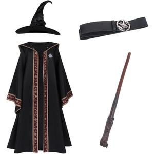 Colorful House Child Dark Wizard Costume for Kids with Hat and Belt and Magic Wand Halloween Party Cosplay (M/8-10Y, Black)