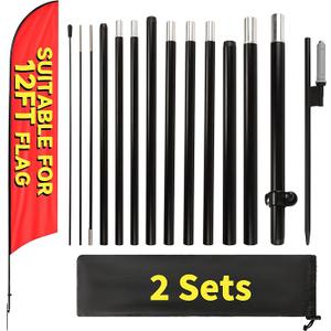 2 Sets 12FT Heavy Duty Feather Flag Pole Kit for 10FT Swooper Flags, Portable Reinforced Aluminum Banner Pole with Rotating Ground Stake, Ideal for Outdoor Advertising, Storefronts (12FT, 2 Sets)