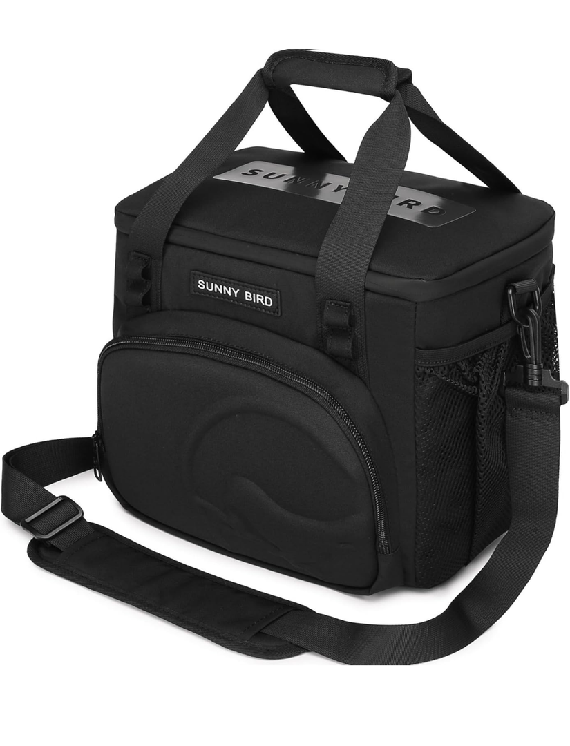SUNNY BIRD 12L Large Insulated Lunch Bag, Leakproof and Foldable Lunch Cooler Box for Women Adult and Men, Fits 18 Cans (Black 01)