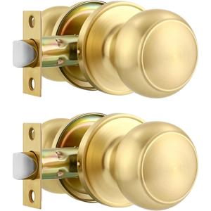 Karlstone 2 Pack Brass Door Knob for Bath Room Closet, Passage Door Knob Gold for Hallway and Closet Door Handle Lockset, Round Passage Gold Door Knobs