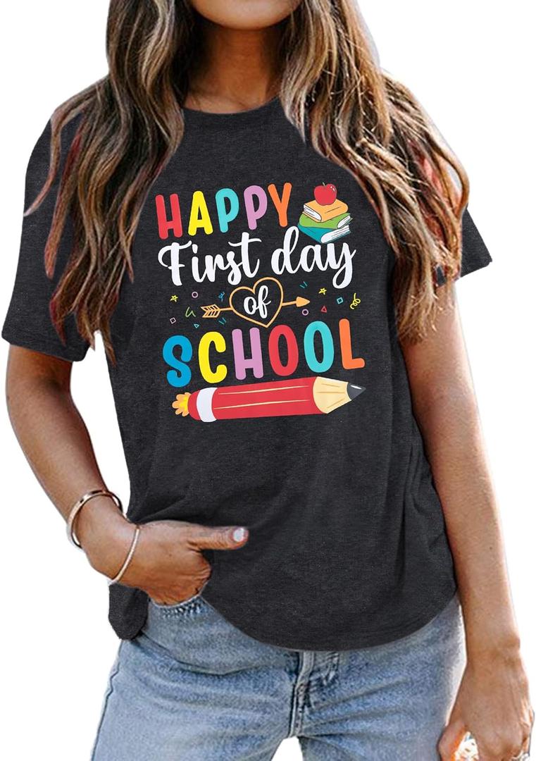 First Day of School Shirt Women Teacher Life T Shirts Back to School Gift Tee Tops for School Teachers Students (Small, Gray)