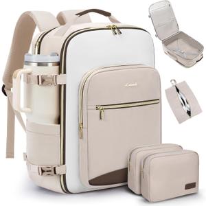 LOVEVOOK 50L Travel Backpack for Women & Men, Airline Approved Carry On Luggage with 3 Packing Cubes, TSA Overnight Bags, Waterproof Personal Item Bag, Weekender Essentials Backpacks fits 17" Laptop (Light Khaki-beige-coffee)