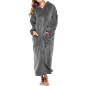 Alexander Del Rossa Fleece Zip Up Robes for Women with Zippered Front, Hooded Zipper Robes for Women, Womens Long Robe (Large, Steel Gray)