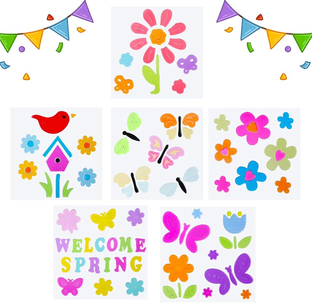 6 Sheets Spring Window Gel Clings Flowers Butterflies Bee Beetle Bird Double Side Window Jelly Stickers Decals Decorations for Bedroom Home Office School Holiday Party Gift