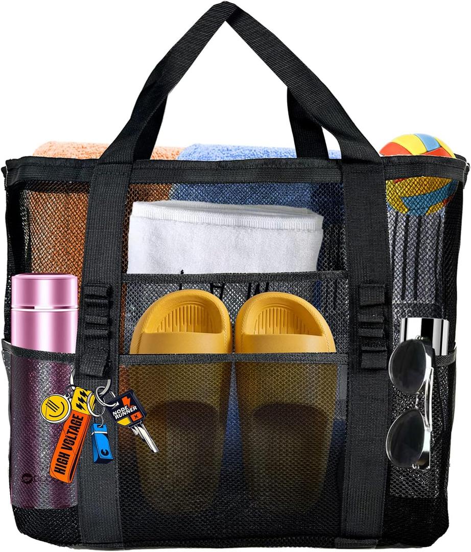 Large Mesh Beach Bag - Lightweight & Foldable Family Beach Bag with 9 Pockets for Toys, Towels & Vacation Essentials (Black)