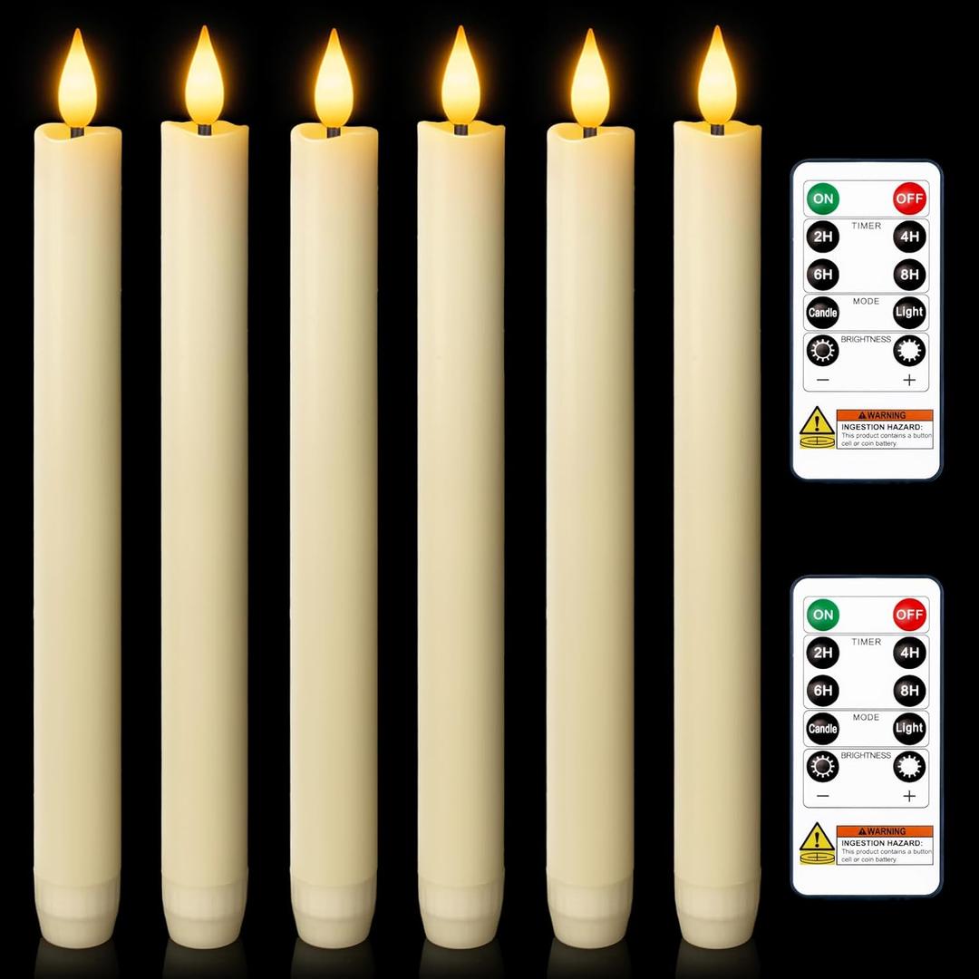 Homemory 6 Pcs Wax Flameless Taper Candles with Remote Timer and Dimmer, LED Candle Sticks with Flickering Light, Ivory Battery Operated Window Candles, 9.6 Inches for Wedding Home Indoor Decoration